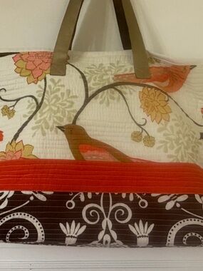 Cream and Orange Bird Print Tote Bag with Tan Handles
